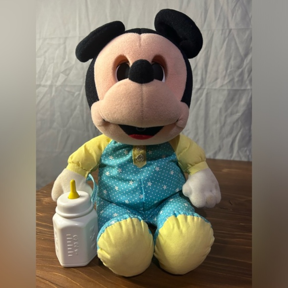 Vintage 1988 Playskool Disney Sleepy Eyes Baby Mickey Plush with Bottle 14"